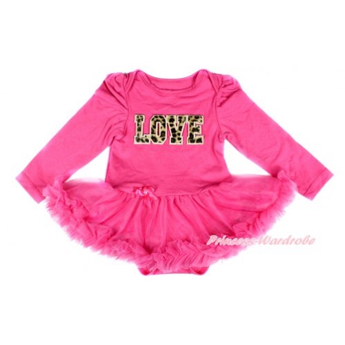 Hot Pink Long Sleeve Baby Bodysuit Jumpsuit Hot Pink Pettiskirt With Leopard LOVE Print JS2464 