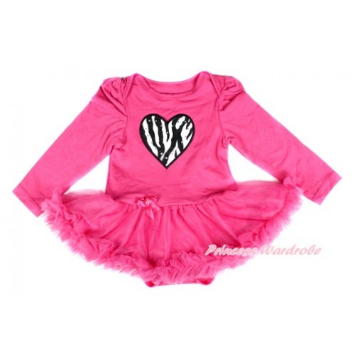 Hot Pink Long Sleeve Baby Bodysuit Jumpsuit Hot Pink Pettiskirt With Zebra Heart Print JS2467 