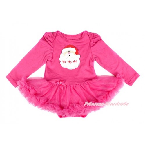 Xmas Hot Pink Long Sleeve Baby Bodysuit Jumpsuit Hot Pink Pettiskirt With Santa Claus Print JS2468 