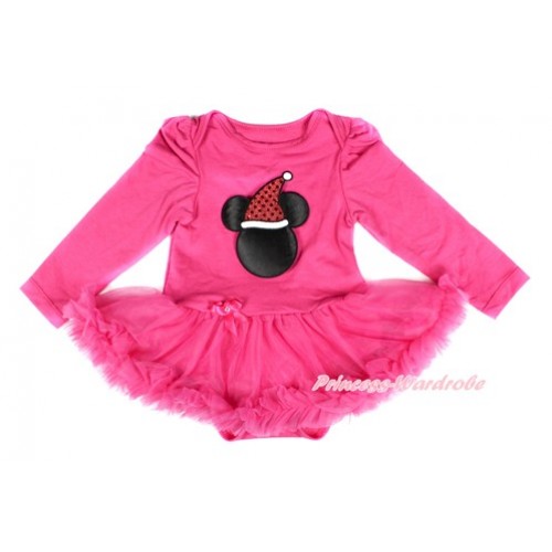 Xmas Hot Pink Long Sleeve Baby Bodysuit Jumpsuit Hot Pink Pettiskirt With Christmas Minnie Print JS2469 