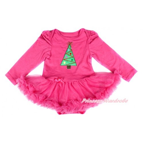 Xmas Hot Pink Long Sleeve Baby Bodysuit Jumpsuit Hot Pink Pettiskirt With Christmas Tree Print JS2470 