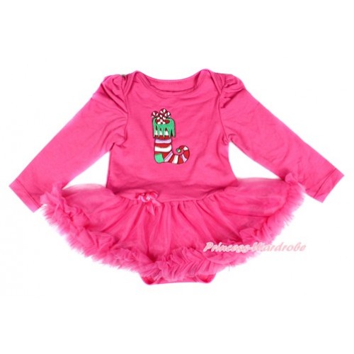 Xmas Hot Pink Long Sleeve Baby Bodysuit Jumpsuit Hot Pink Pettiskirt With Christmas Stocking Print JS2471 