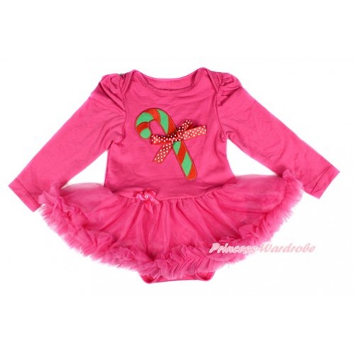 Xmas Hot Pink Long Sleeve Baby Bodysuit Jumpsuit Hot Pink Pettiskirt With Christmas Stick & Minnie Dots Bow Print JS2472 