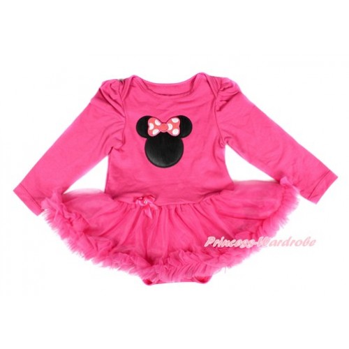 Hot Pink Long Sleeve Baby Bodysuit Jumpsuit Hot Pink Pettiskirt With Hot Pink Minnie Print JS2473 