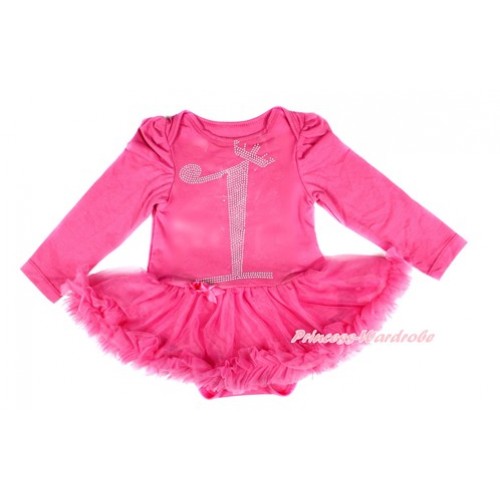 Xmas Hot Pink Long Sleeve Baby Bodysuit Jumpsuit Hot Pink Pettiskirt With 1st Sparkle Crystal Bling Rhinestone Birthday Number Print JS2474 