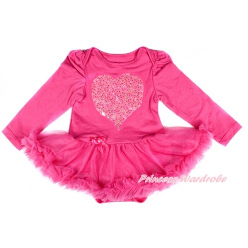 Hot Pink Long Sleeve Baby Bodysuit Jumpsuit Hot Pink Pettiskirt With Sparkle Crystal Bling Rhinestone Rainbow Heart Print JS2475 