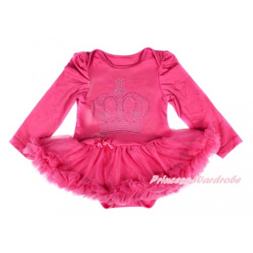 Xmas Hot Pink Long Sleeve Baby Bodysuit Jumpsuit Hot Pink Pettiskirt With Sparkle Crystal Bling Rhinestone Crown Print JS2476 