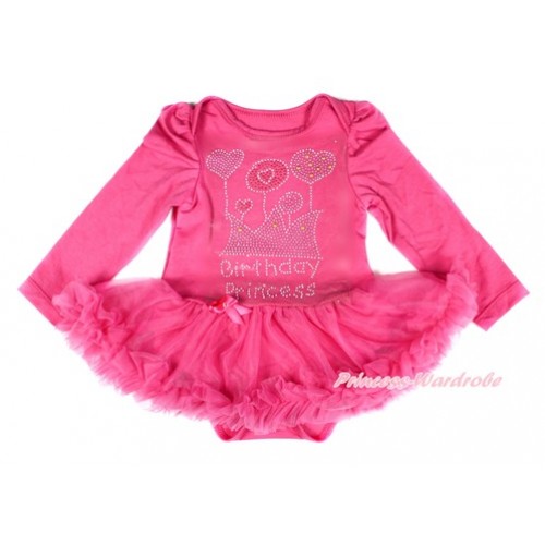 Xmas Hot Pink Long Sleeve Baby Bodysuit Jumpsuit Hot Pink Pettiskirt With Sparkle Crystal Bling Rhinestone Birthday Princess Print JS2477 