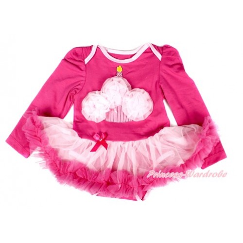 Hot Pink Long Sleeve Baby Bodysuit Jumpsuit Light Hot Pink Pettiskirt With Light Pink Rosettes Birthday Cake Print JS2478 