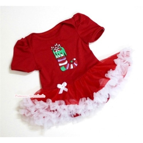 Red Baby Jumpsuit Red White Pettiskirt with Christmas Stocking Print JS005 