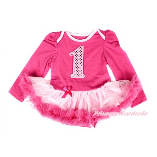 Hot Pink Long Sleeve Baby Bodysuit Jumpsuit Light Hot Pink Pettiskirt With 1st  Sparkle Light Pink Birthday Number Print JS2480 