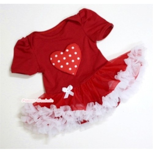 Red Baby Jumpsuit Red White Pettiskirt with Red White Polka Dots Heart Print JS007 