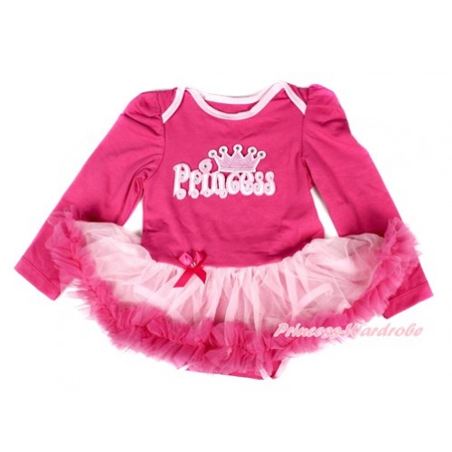 Hot Pink Long Sleeve Baby Bodysuit Jumpsuit Light Hot Pink Pettiskirt With Princess Print JS2484 