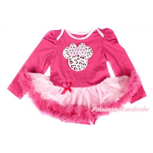 Hot Pink Long Sleeve Baby Bodysuit Jumpsuit Light Hot Pink Pettiskirt With Light Pink Leopard Minnie Print JS2485 