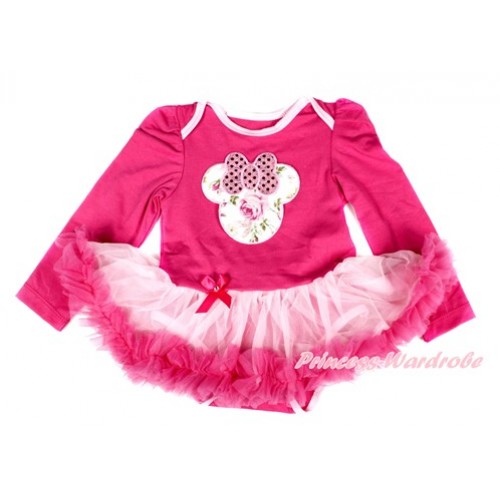 Hot Pink Long Sleeve Baby Bodysuit Jumpsuit Light Hot Pink Pettiskirt With Light Pink Rose Minnie Print JS2486 