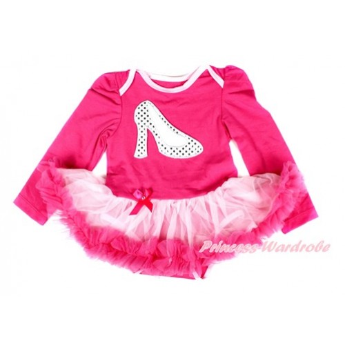 Hot Pink Long Sleeve Baby Bodysuit Jumpsuit Light Hot Pink Pettiskirt With Sparkle White High Heel Shoes Print JS2489 