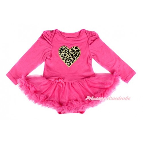 Hot Pink Long Sleeve Baby Bodysuit Jumpsuit Hot Pink Pettiskirt With Leopard Heart Print JS2465 