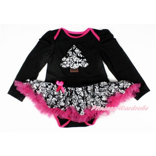 Xmas Black Long Sleeve Baby Bodysuit Jumpsuit Damask Hot Pink Pettiskirt With Damask Christmas Tree Print JS2490 