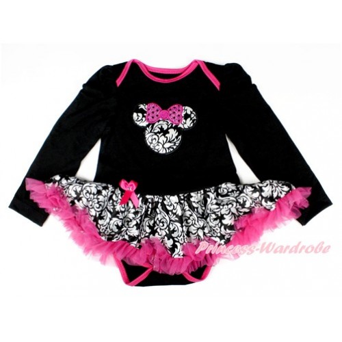 Black Long Sleeve Baby Bodysuit Jumpsuit Damask Hot Pink Pettiskirt With Sparkle Hot Pink Damask Minnie Print JS2491 