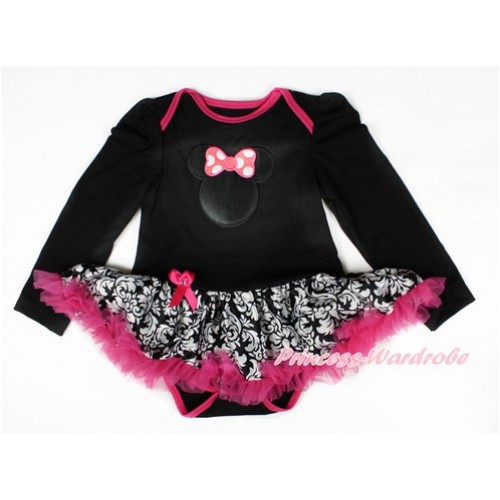 Black Long Sleeve Baby Bodysuit Jumpsuit Damask Hot Pink Pettiskirt With Hot Pink Minnie Print JS2493 