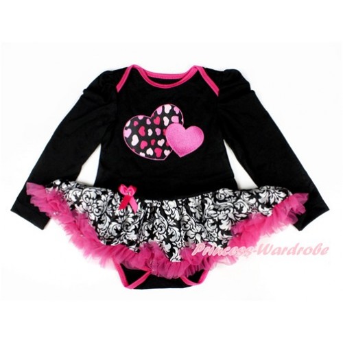 Valentine's Day Black Long Sleeve Baby Bodysuit Jumpsuit Damask Hot Pink Pettiskirt With Hot Pink Sweet Twin Heart Print JS2496 