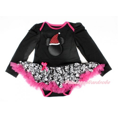 Xmas Black Long Sleeve Baby Bodysuit Jumpsuit Damask Hot Pink Pettiskirt With Christmas Minnie Print JS2499 