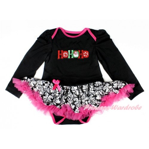 Xmas Black Long Sleeve Baby Bodysuit Jumpsuit Damask Hot Pink Pettiskirt With HOHOHO Santa Claus Print JS2500 