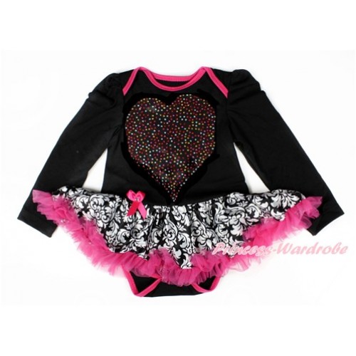 Xmas Black Long Sleeve Baby Bodysuit Jumpsuit Damask Hot Pink Pettiskirt With Sparkle Crystal Bling Rhinestone Rainbow Heart  Print JS2501 