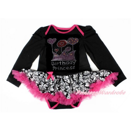 Xmas Black Long Sleeve Baby Bodysuit Jumpsuit Damask Hot Pink Pettiskirt With Sparkle Crystal Bling Rhinestone Birthday Princess Print JS2502 