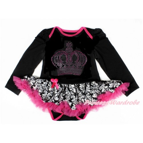 Xmas Black Long Sleeve Baby Bodysuit Jumpsuit Damask Hot Pink Pettiskirt With Sparkle Crystal Bling Rhinestone Crown Print JS2503 