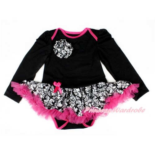 Black Long Sleeve Baby Bodysuit Jumpsuit Damask Hot Pink Pettiskirt with One Damask Rose JS2505 