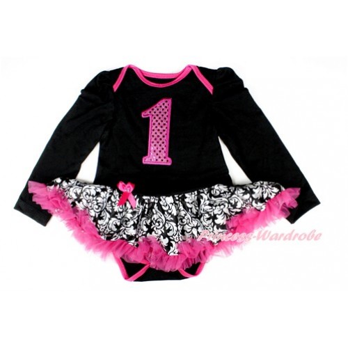 Black Long Sleeve Baby Bodysuit Jumpsuit Damask Hot Pink Pettiskirt With 1st Sparkle Hot Pink Birthday Number Print JS2498 