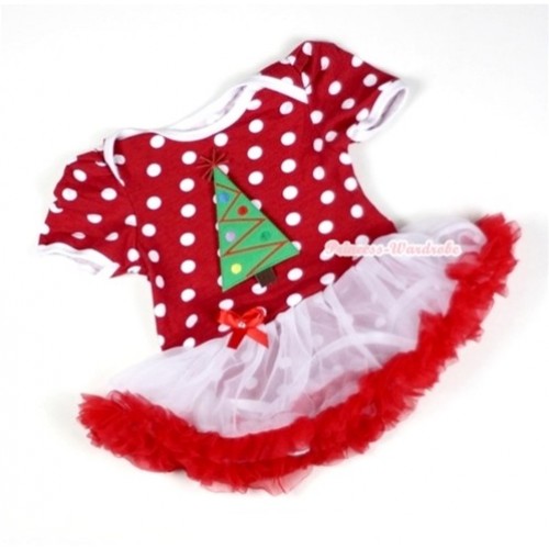 Minnie Dots Baby Jumpsuit White Red Pettiskirt with Christmas Tree Print JS010 