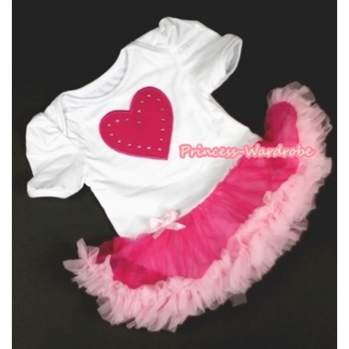 White Baby Jumpsuit Hot Light Pink Pettiskirt with Hot Pink Heart Print JS044 