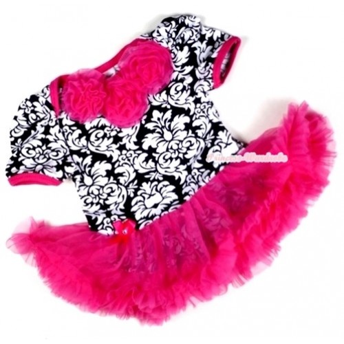 Hot Pink Damask Baby Jumpsuit Hot Pink Pettiskirt with Hot Pink Rosettes JS103 