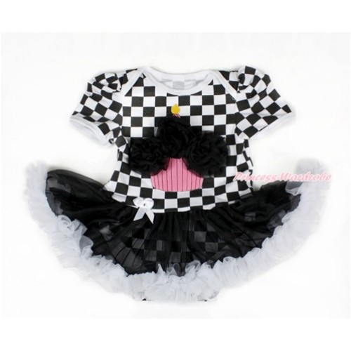 Black White Checked Baby Bodysuit Jumpsuit Black White Pettiskirt with Black Rosettes Birthday Cake Print JS2558 