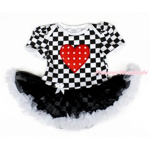 Black White Checked Baby Bodysuit Jumpsuit Black White Pettiskirt with Red White Dots Heart Print JS2559 