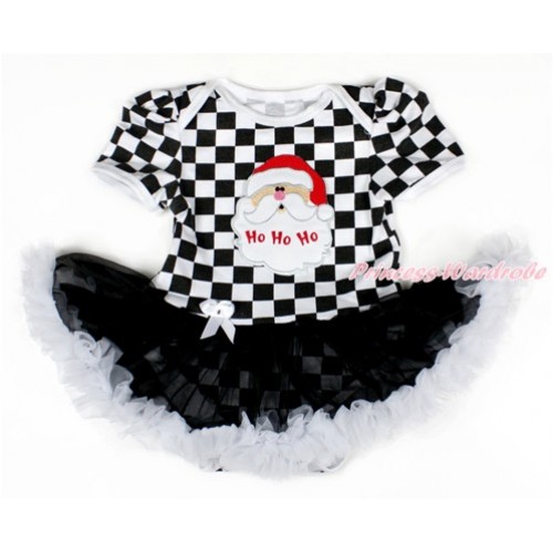 Xmas Black White Checked Baby Bodysuit Jumpsuit Black White Pettiskirt with Santa Claus Print JS2560 