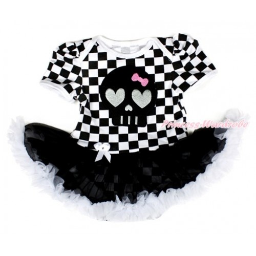 Black White Checked Baby Bodysuit Jumpsuit Black White Pettiskirt with Black Skeleton Print JS2565 