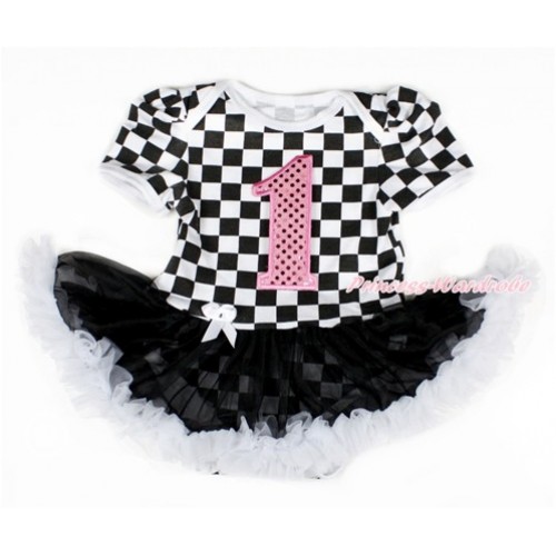 Black White Checked Baby Bodysuit Jumpsuit Black White Pettiskirt with 1st Sparkle Light Pink Bithday Number Print JS2568 