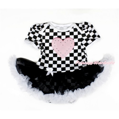 Black White Checked Baby Bodysuit Jumpsuit Black White Pettiskirt with Light Pink Heart Print JS2569 