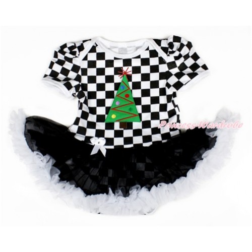 Xmas Black White Checked Baby Bodysuit Jumpsuit Black White Pettiskirt with Christmas Tree Print JS2570 