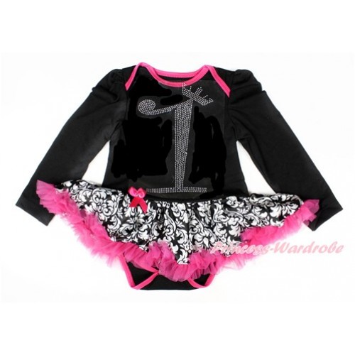 Xmas Black Long Sleeve Baby Bodysuit Jumpsuit Damask Hot Pink Pettiskirt With 1st Sparkle Crystal Bling Rhinestone Birthday Number Print JS2504 