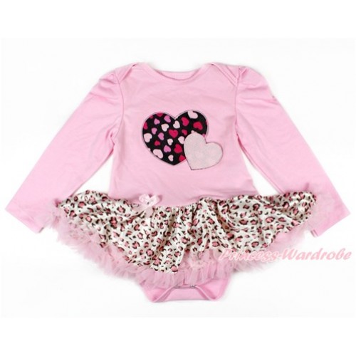 Valentine's Day Light Pink Long Sleeve Baby Bodysuit Jumpsuit Light Pink Leopard Pettiskirt With Light Pink Sweet Twin Heart Print JS2597 