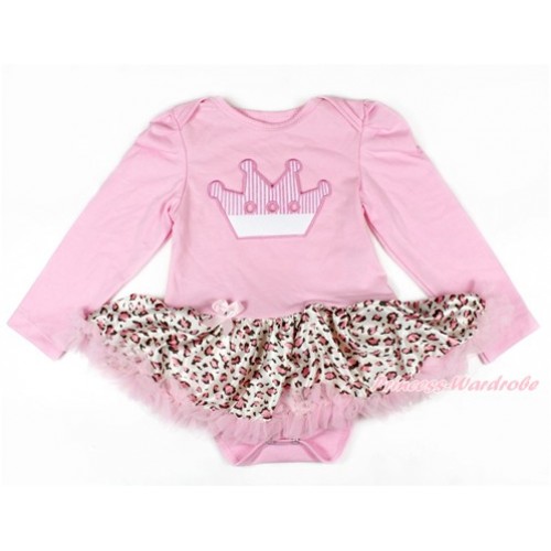 Light Pink Long Sleeve Baby Bodysuit Jumpsuit Light Pink Leopard Pettiskirt With Crown Print JS2599 