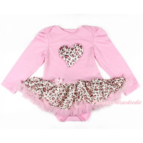 Light Pink Long Sleeve Baby Bodysuit Jumpsuit Light Pink Leopard Pettiskirt With Light Pink Leopard Heart Print JS2600 