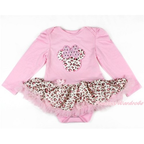 Light Pink Long Sleeve Baby Bodysuit Jumpsuit Light Pink Leopard Pettiskirt With Light Pink Leopard Minnie Print JS2601 