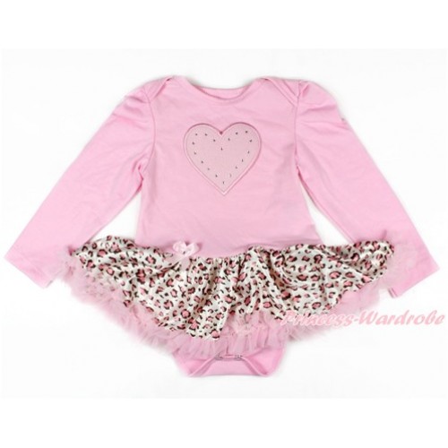 Light Pink Long Sleeve Baby Bodysuit Jumpsuit Light Pink Leopard Pettiskirt With Light Pink Heart Print JS2602 