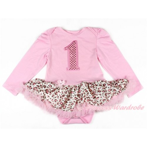 Light Pink Long Sleeve Baby Bodysuit Jumpsuit Light Pink Leopard Pettiskirt With 1st Sparkle Light Pink Birthday Number Print JS2603 