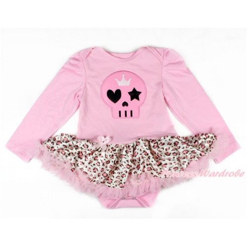 Light Pink Long Sleeve Baby Bodysuit Jumpsuit Light Pink Leopard Pettiskirt With Light Pink Skeleton Print JS2604 